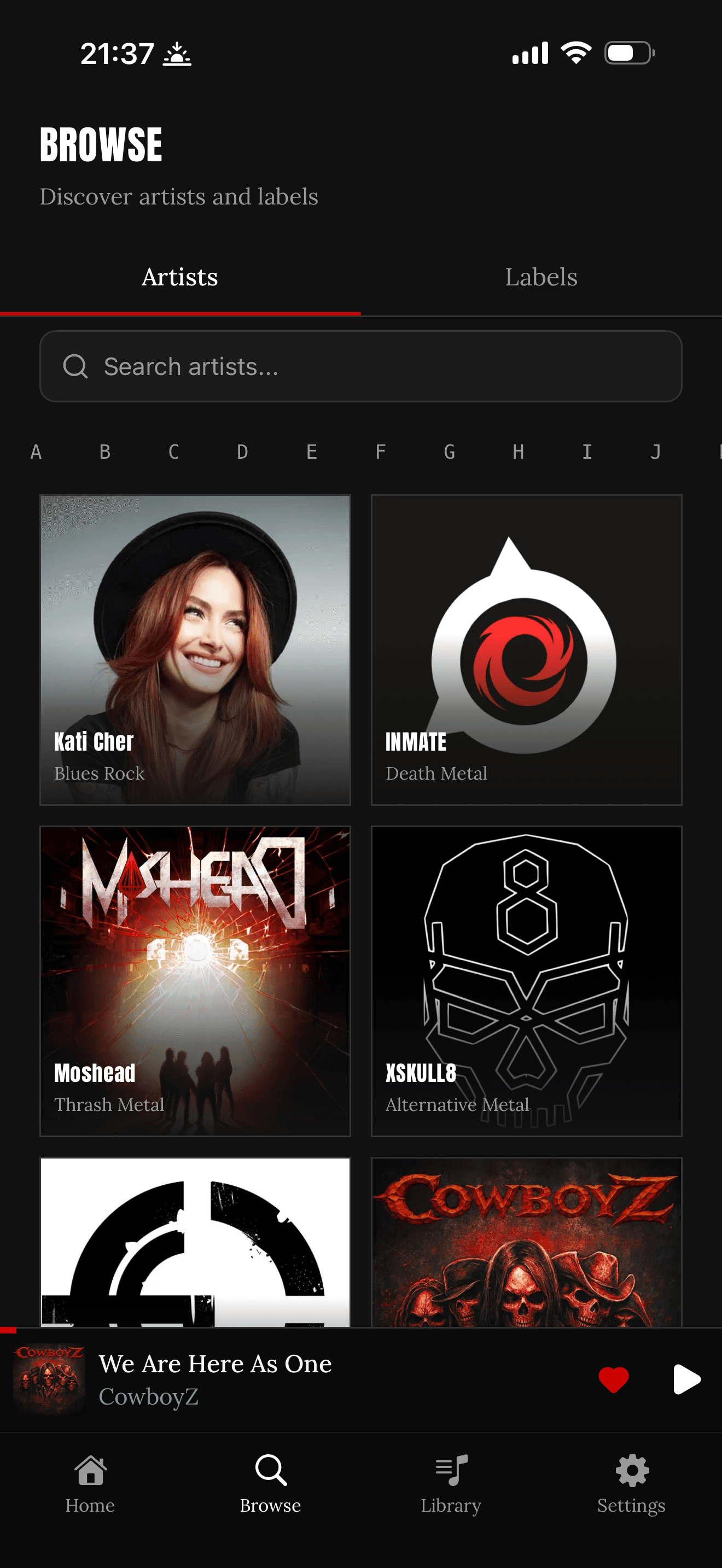 riffDrops app Browse screen showing artists and the now-playing bar